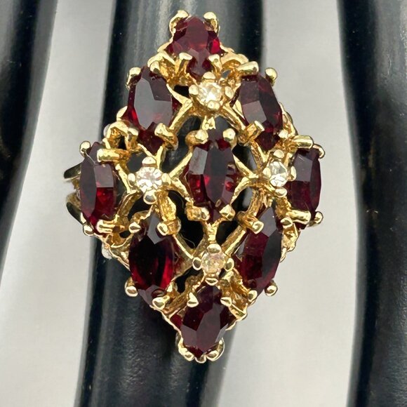 Vintage 18K HGE Red Marquise Cluster Cocktail Ring Size 6.5 - Picture 5 of 12